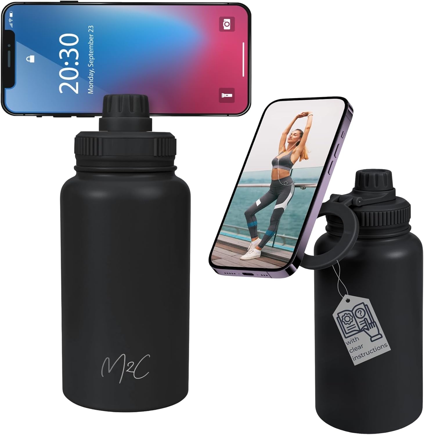 ® Magnetic Insulated Water Bottle 24Oz (Black) – Compatible with Magsafe Magnetic Tumbler, Gym Water Bottle with Tripod Mount, Cell Phone Holder