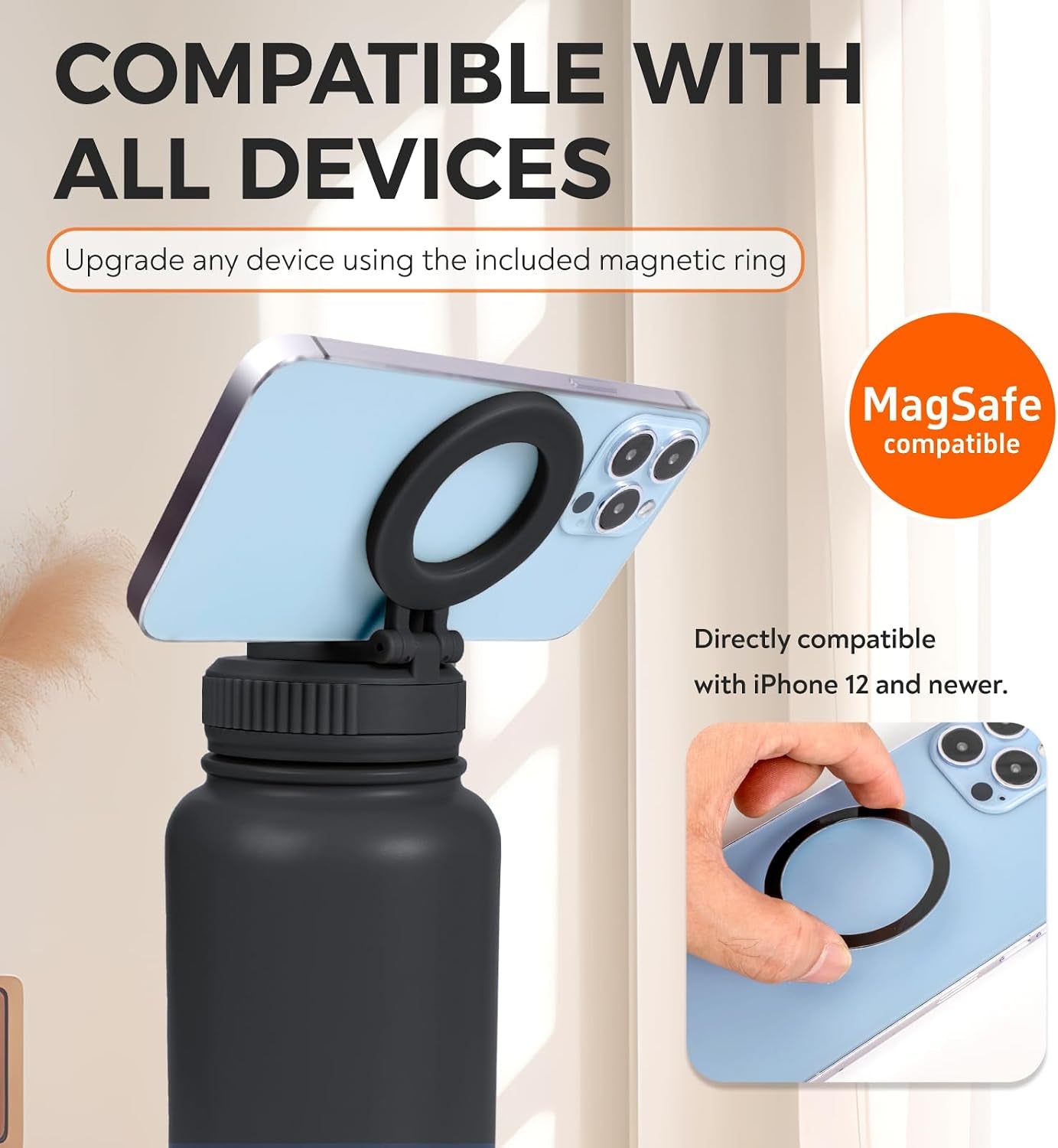 ® Magnetic Insulated Water Bottle 24Oz (Black) – Compatible with Magsafe Magnetic Tumbler, Gym Water Bottle with Tripod Mount, Cell Phone Holder