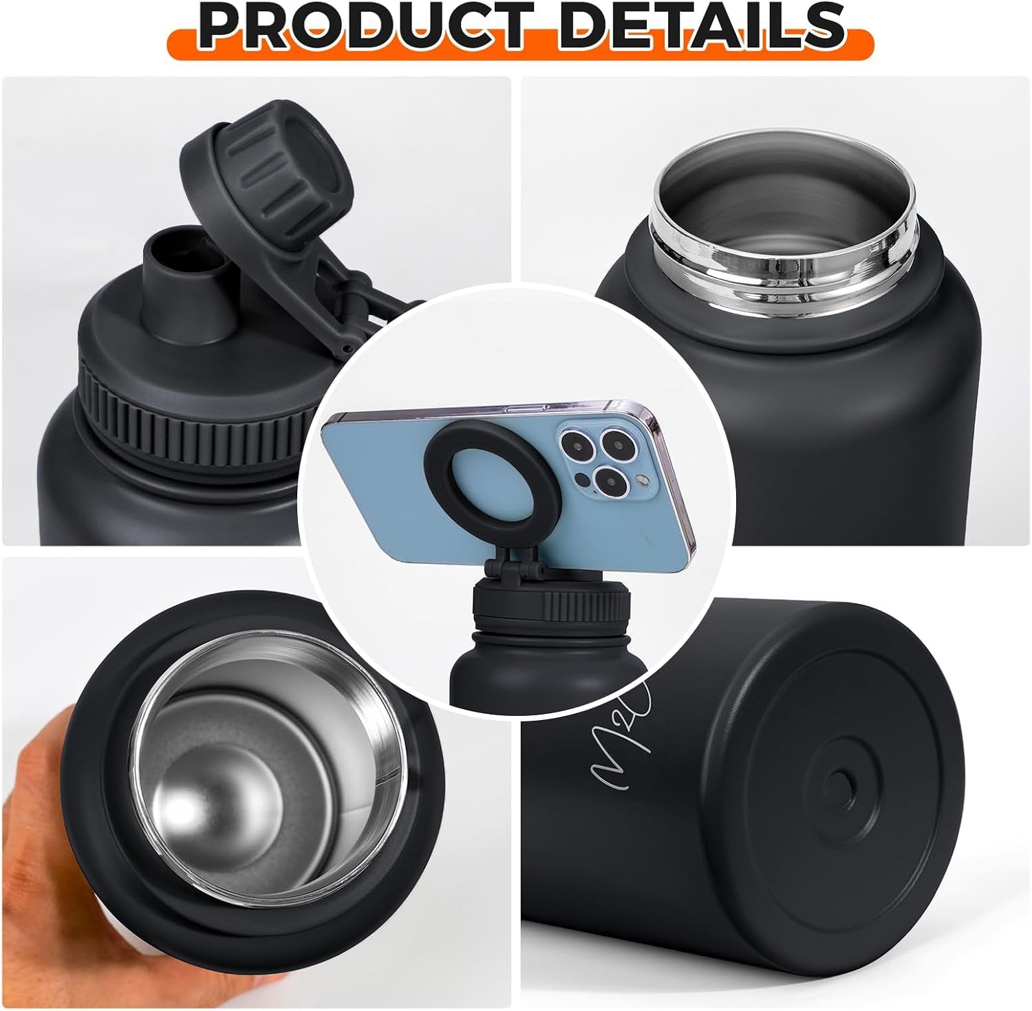 ® Magnetic Insulated Water Bottle 24Oz (Black) – Compatible with Magsafe Magnetic Tumbler, Gym Water Bottle with Tripod Mount, Cell Phone Holder