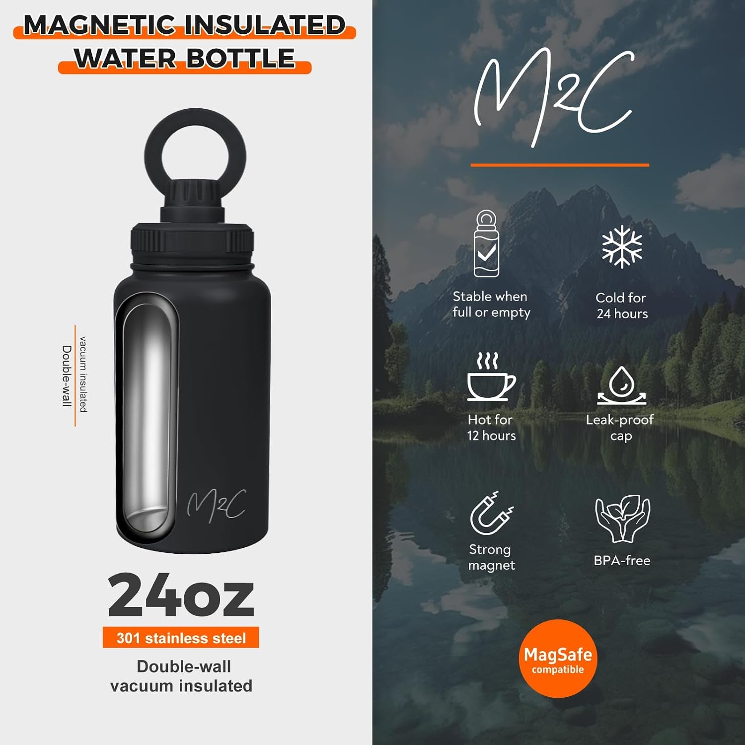® Magnetic Insulated Water Bottle 24Oz (Black) – Compatible with Magsafe Magnetic Tumbler, Gym Water Bottle with Tripod Mount, Cell Phone Holder