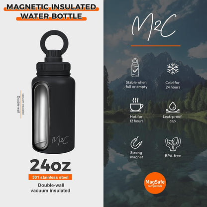 ® Magnetic Insulated Water Bottle 24Oz (Black) – Compatible with Magsafe Magnetic Tumbler, Gym Water Bottle with Tripod Mount, Cell Phone Holder