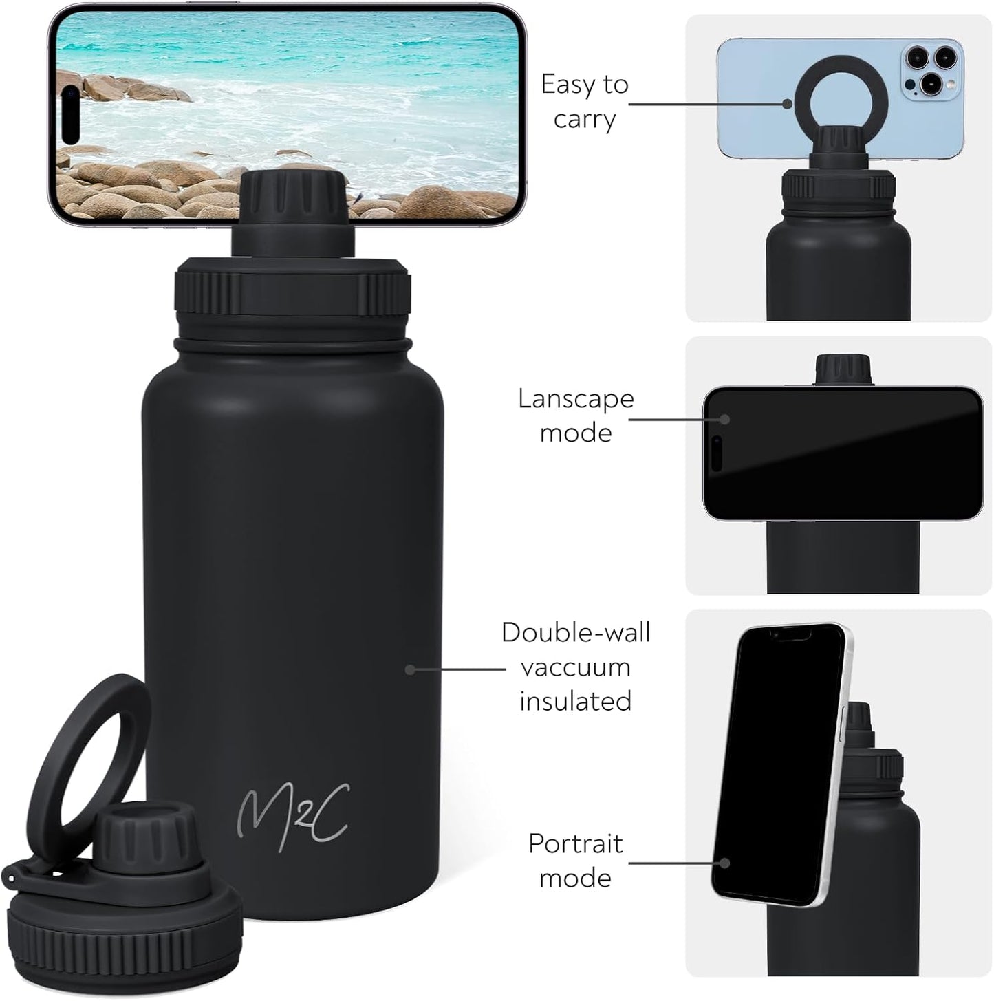 ® Magnetic Insulated Water Bottle 24Oz (Black) – Compatible with Magsafe Magnetic Tumbler, Gym Water Bottle with Tripod Mount, Cell Phone Holder
