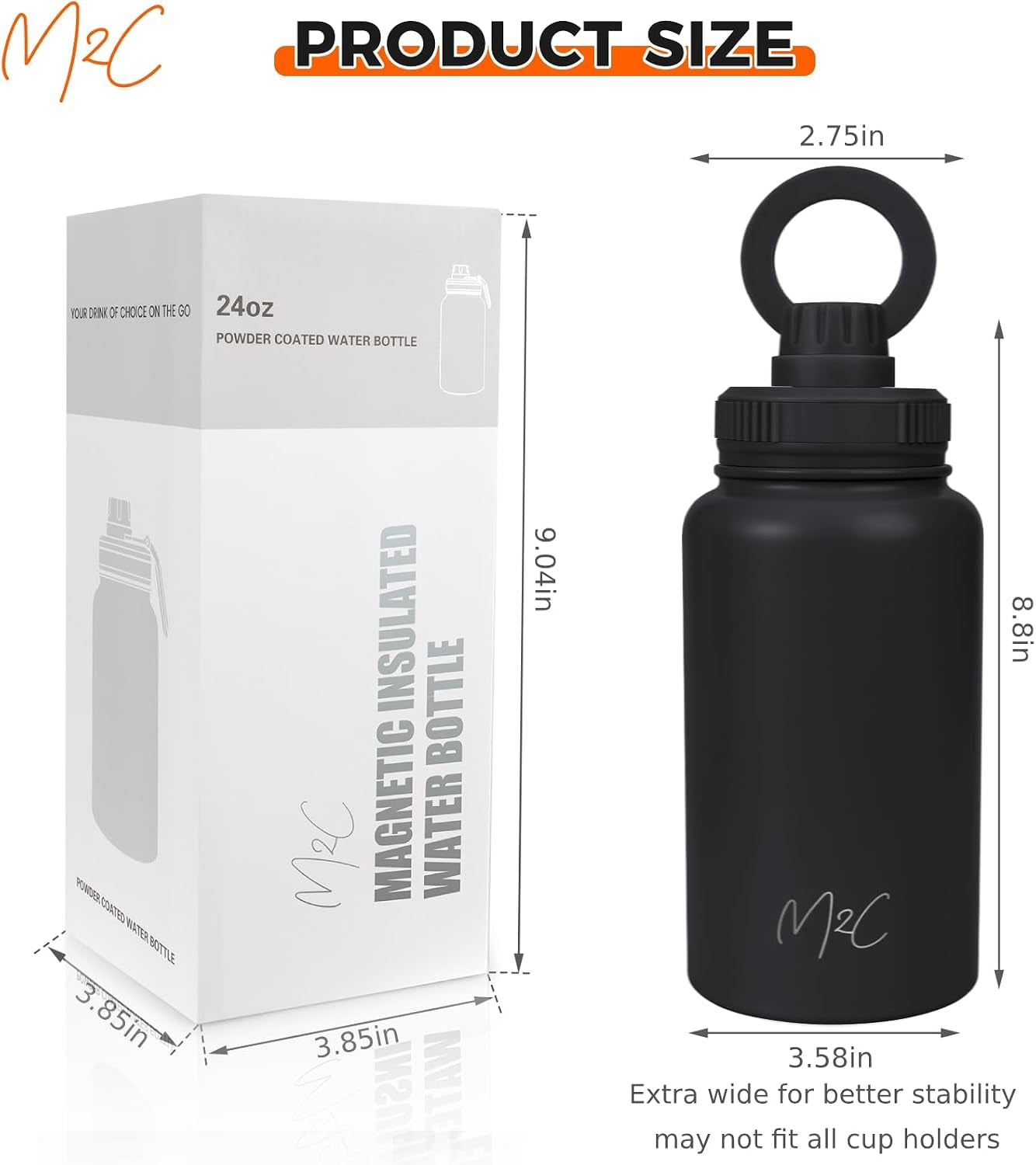 ® Magnetic Insulated Water Bottle 24Oz (Black) – Compatible with Magsafe Magnetic Tumbler, Gym Water Bottle with Tripod Mount, Cell Phone Holder